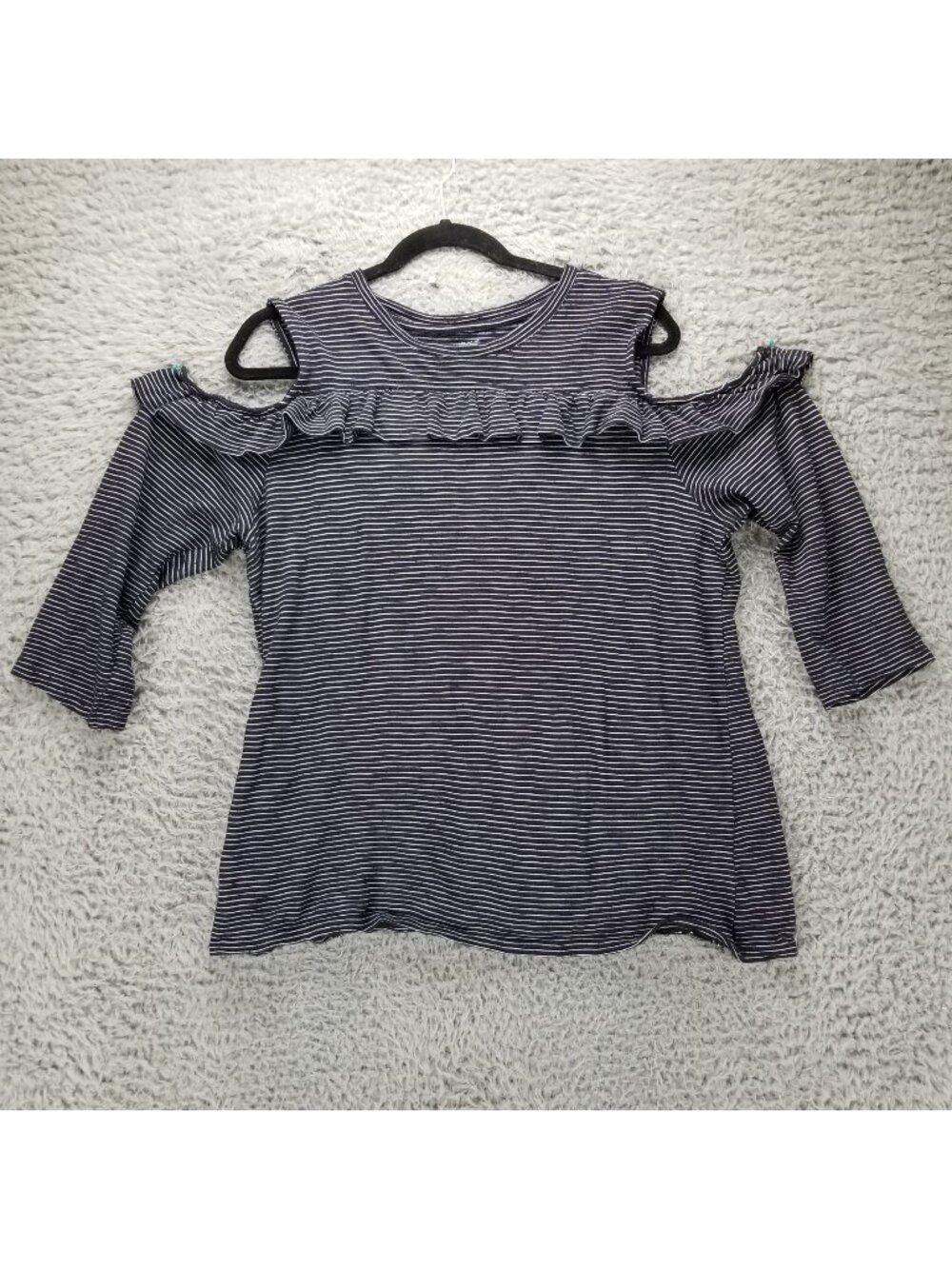 Loft Shirt Womens XL Black Striped Cold Shoulder 3/4 Sleeve Stretch Blouse